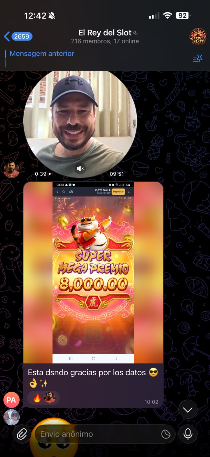 Captura del grupo de Telegram: mensaje de la comunidad sobre Fortune Tiger