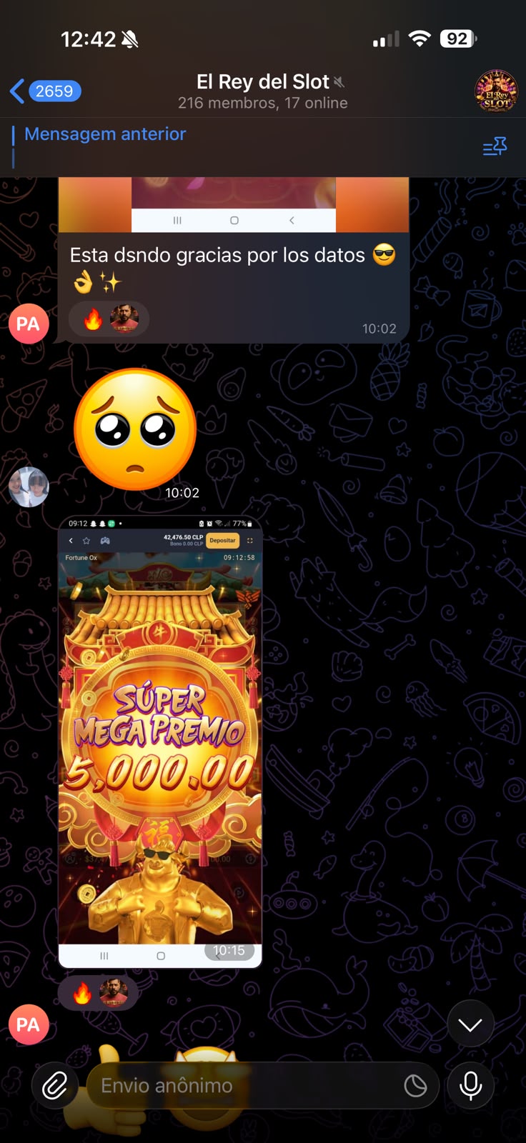 Captura del grupo de Telegram: mensaje de la comunidad sobre Fortune Ox