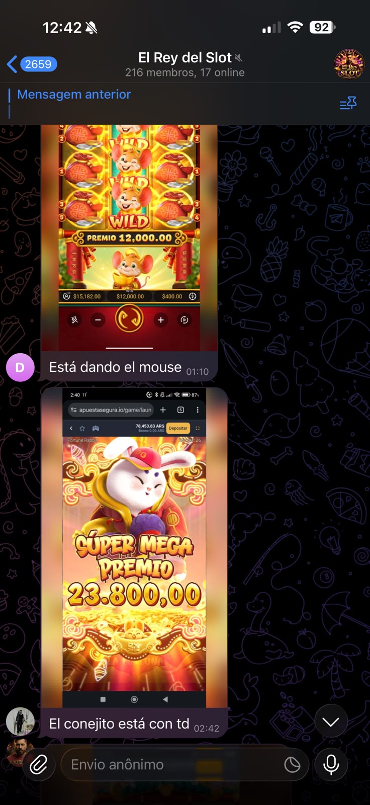 Captura del grupo de Telegram: mensajes de la comunidad sobre Fortune Mouse y Fortune Rabbit